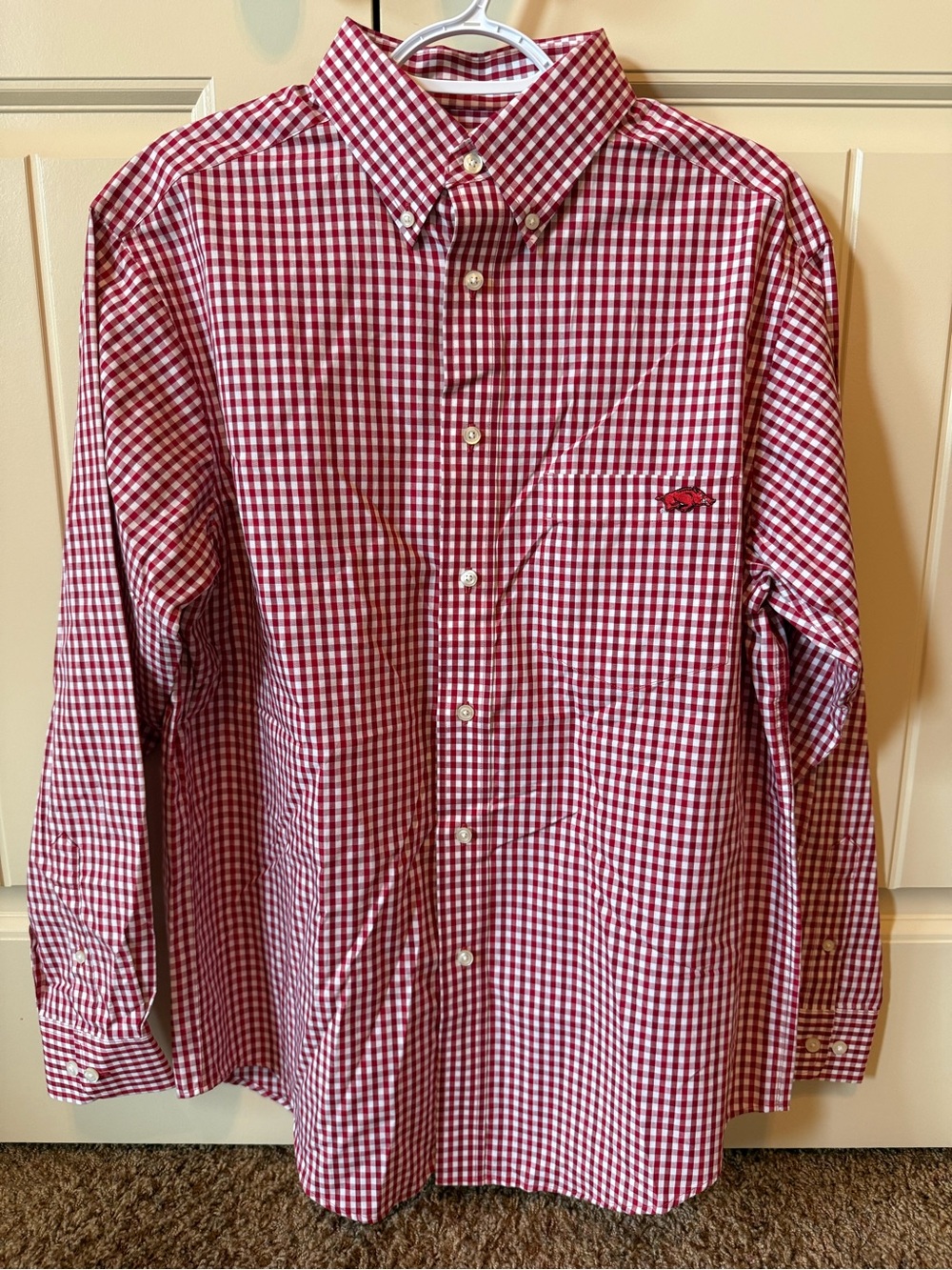 Men's Red Gingham Button-Down Shirt with Razorback logo